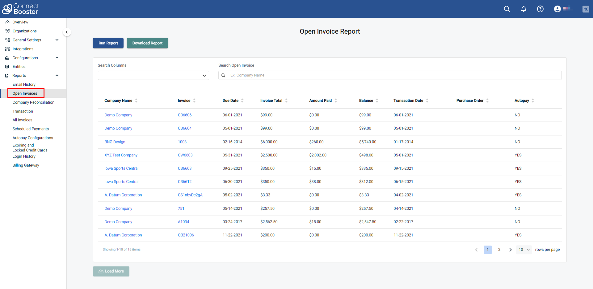 Open Invoices report