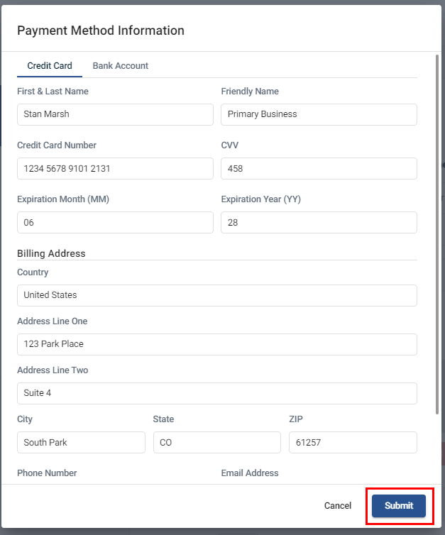 Example Format Payment Method Payment methods